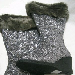 Joan Boyce Gunmetal Sequin Wedge Tall Boots